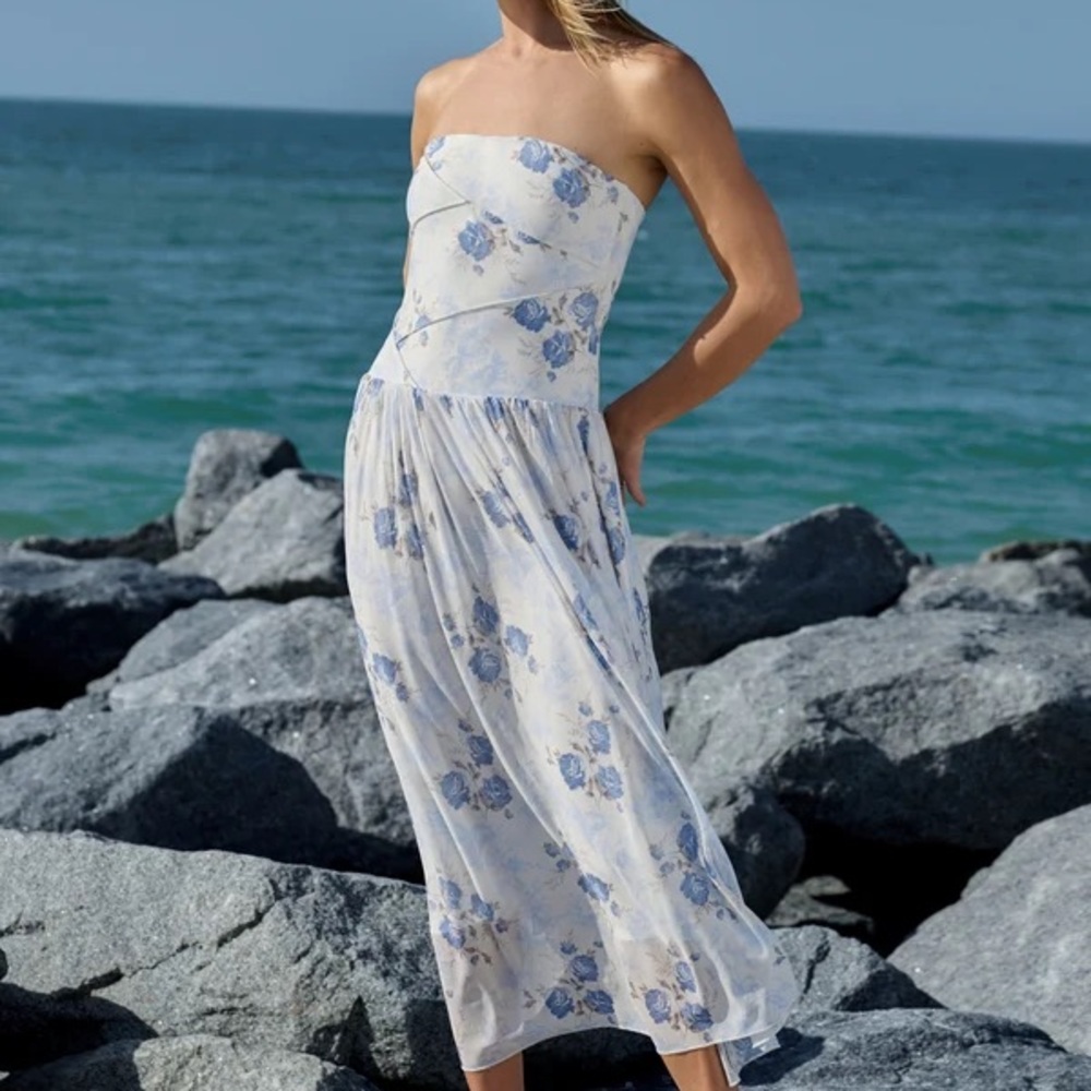 Altar'd State Strapless Blue Floral Midi Dress Size XXS